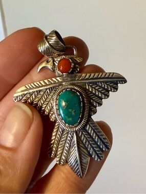 Two-Stone Kingman Turquoise & Coral Thunderbird Pendant